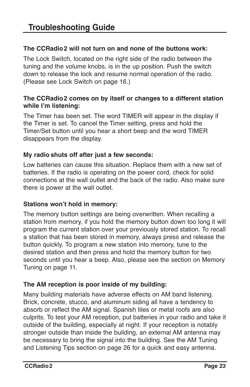 23_manual_ccradio2_rev1.4, Troubleshooting guide | C. Crane CC Radio 2 User Manual | Page 23 / 32