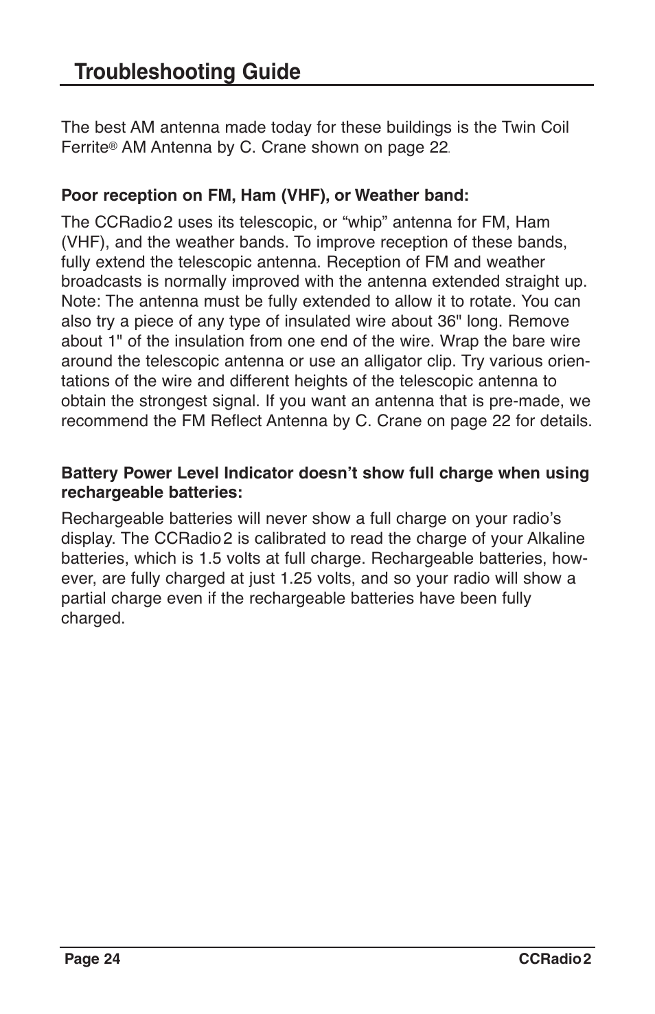 24_manual_ccradio2_rev1.4, Troubleshooting guide | C. Crane CC Radio 2 User Manual | Page 24 / 32