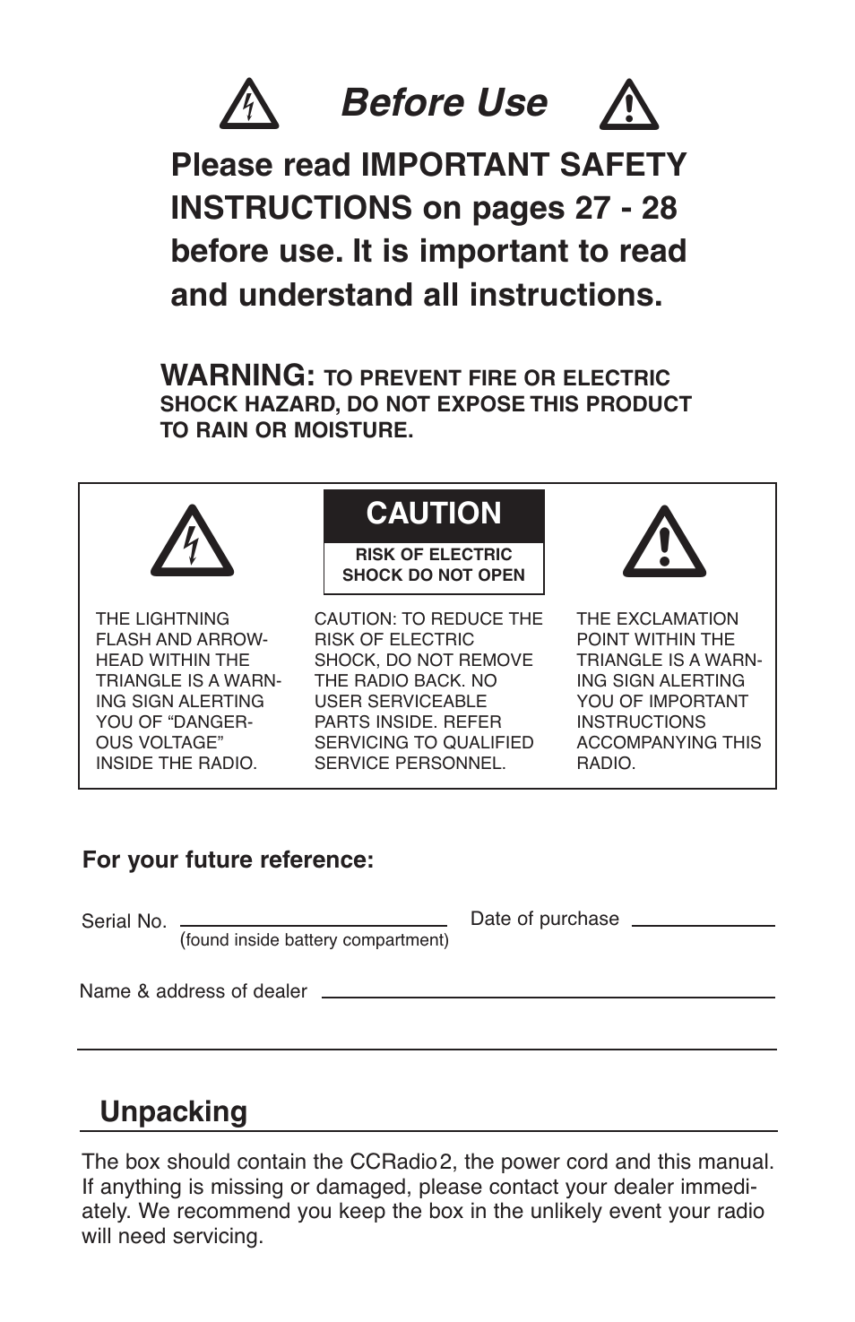04_manual_ccradio2_rev1.4, Before use, Warning | Caution, Unpacking | C. Crane CC Radio 2 User Manual | Page 4 / 32