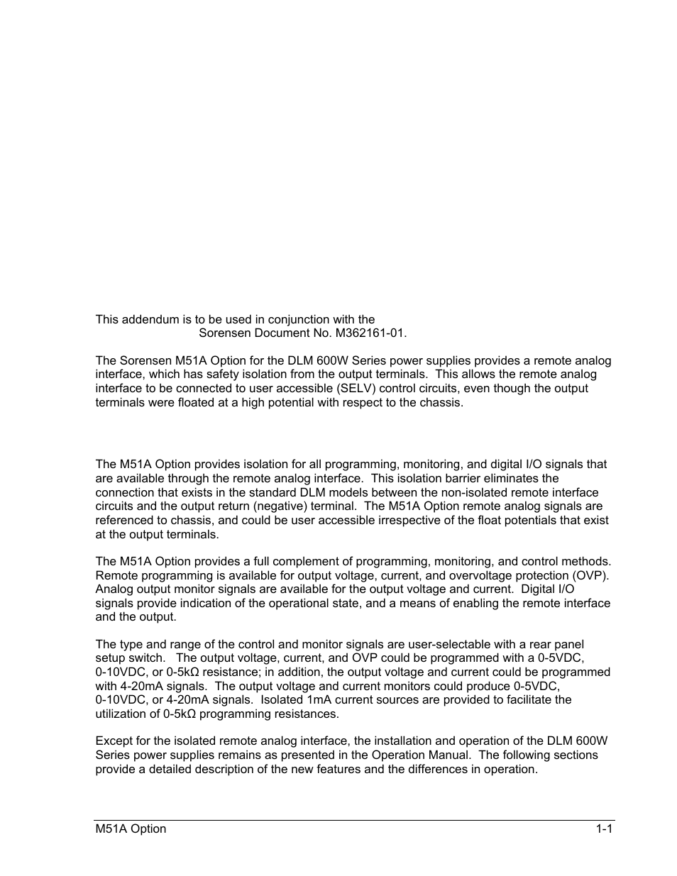 Section 1 m51a option overview, 1 introduction, 2 general description | M51a option overview | AMETEK DLM 600W Series Programming Manual User Manual | Page 11 / 24