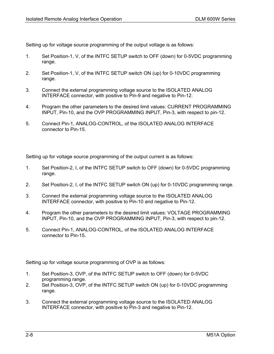 1 voltage source programming of output voltage, 2 voltage source programming of output current, 3 voltage source programming of ovp | AMETEK DLM 600W Series Programming Manual User Manual | Page 20 / 24