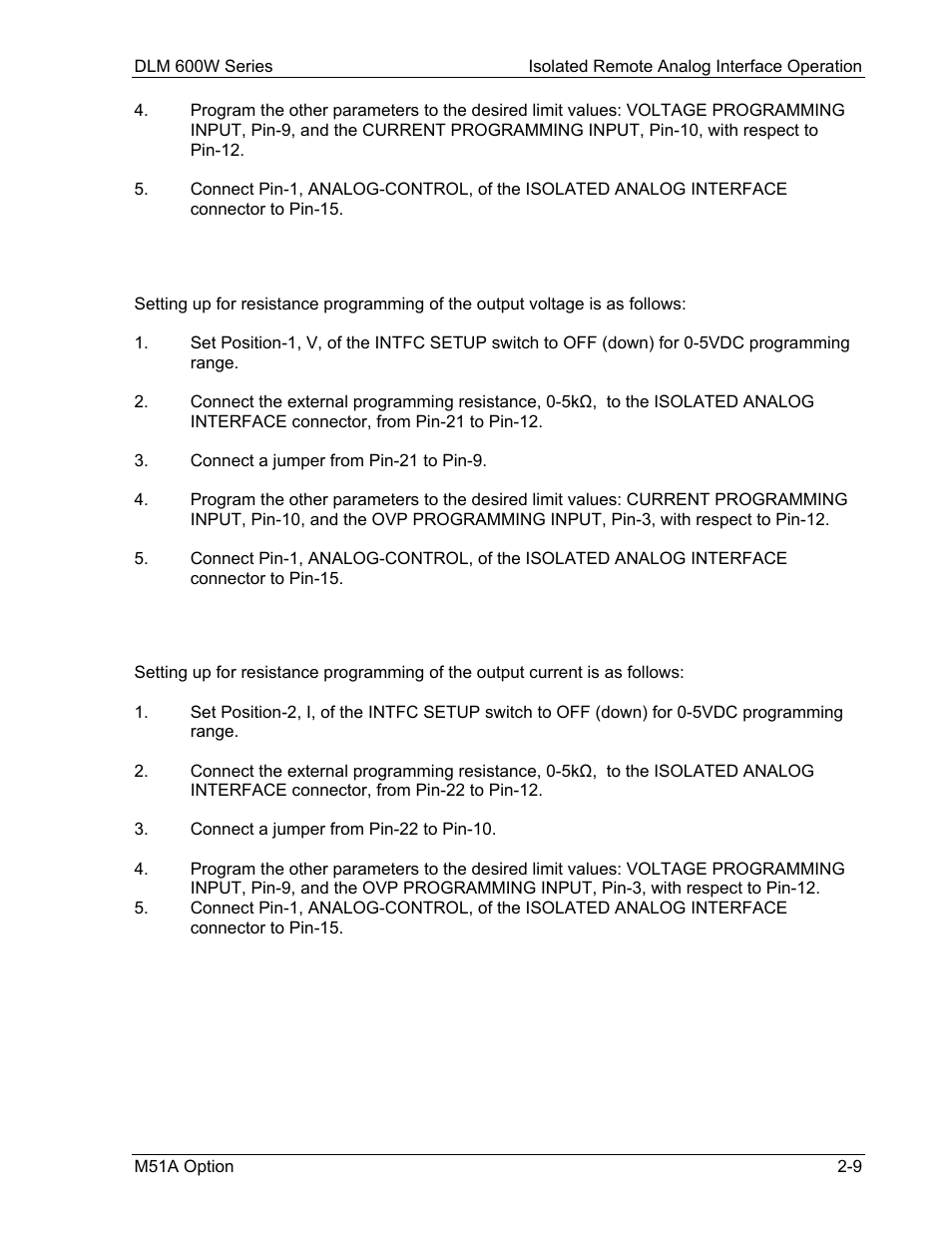 4 resistance programming of output voltage, 5 resistance programming of output current | AMETEK DLM 600W Series Programming Manual User Manual | Page 21 / 24