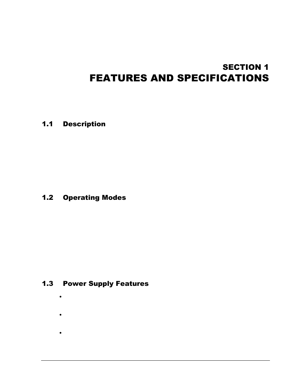 Section 1 features and specifications -1, Description -1, Operating modes -1 | Power supply features -1, Features and specifications | AMETEK DCS-E 1KW Series User Manual | Page 17 / 65