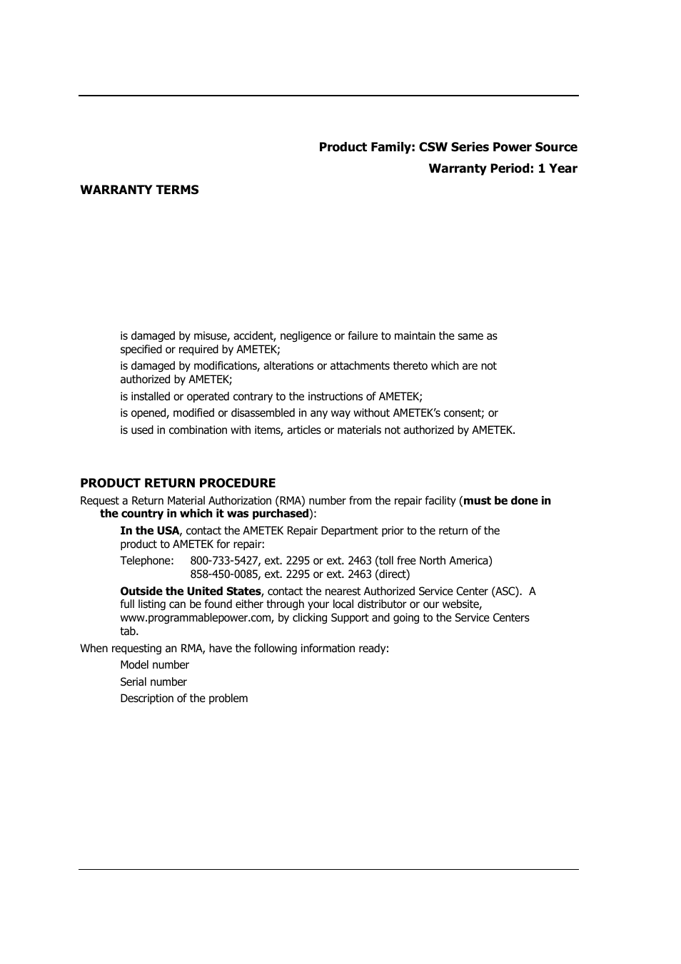 AMETEK CSW Series User Manual | Page 6 / 174
