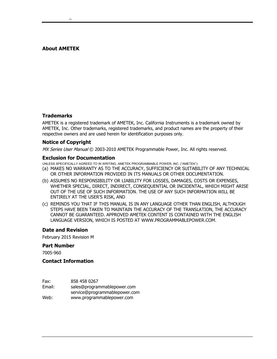 AMETEK MX15 Series User Manual | Page 3 / 184