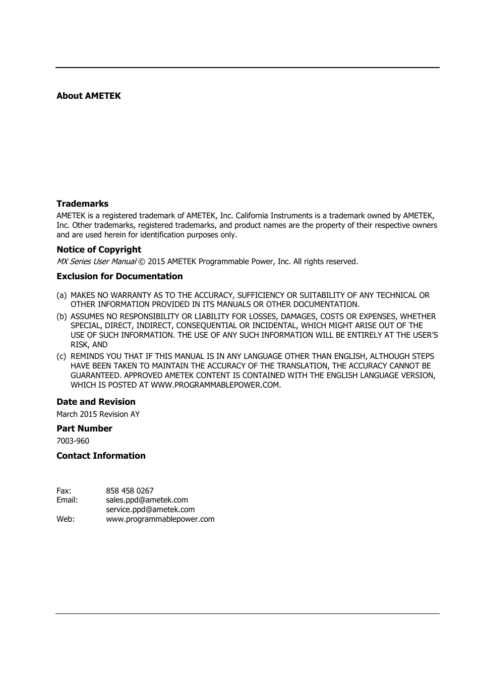 AMETEK MX Series Rev: AY User Manual | Page 3 / 257