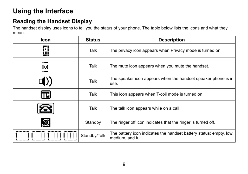 Using.the.interface, Reading.the.handset.display | Uniden TRU9460 User Manual | Page 10 / 68