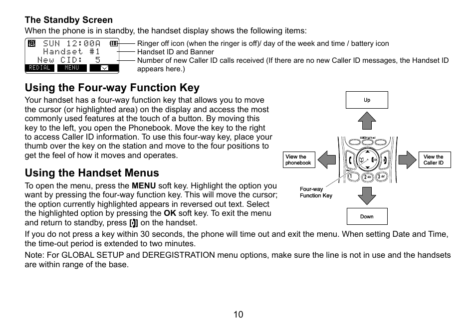 Using.the.four-way.function.key, Using.the.handset.menus, 0 the.standby.screen | Uniden TRU9460 User Manual | Page 11 / 68