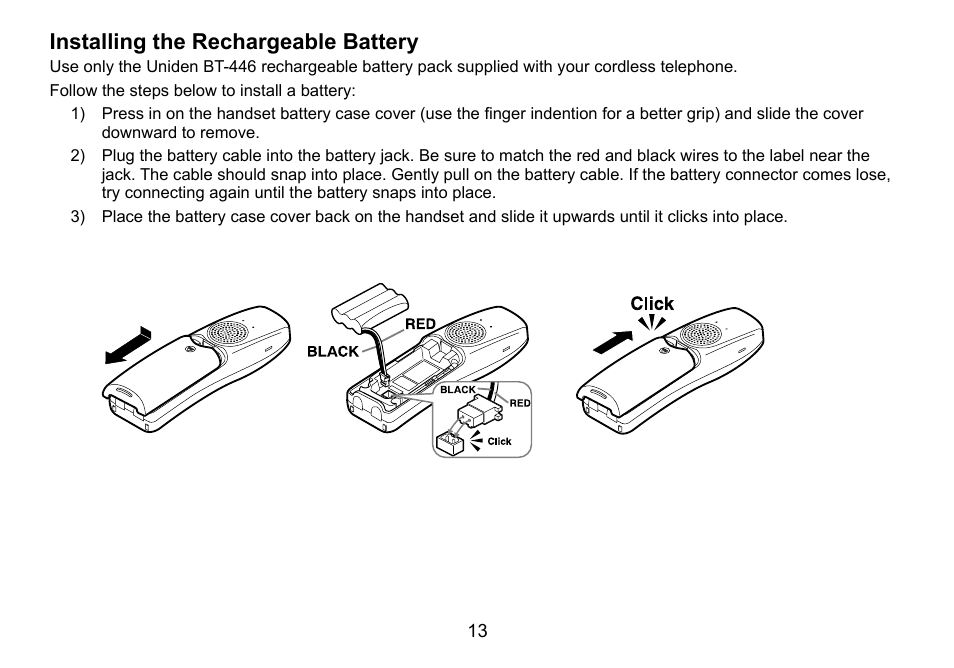 Installing.the.rechargeable.battery | Uniden TRU9460 User Manual | Page 14 / 68