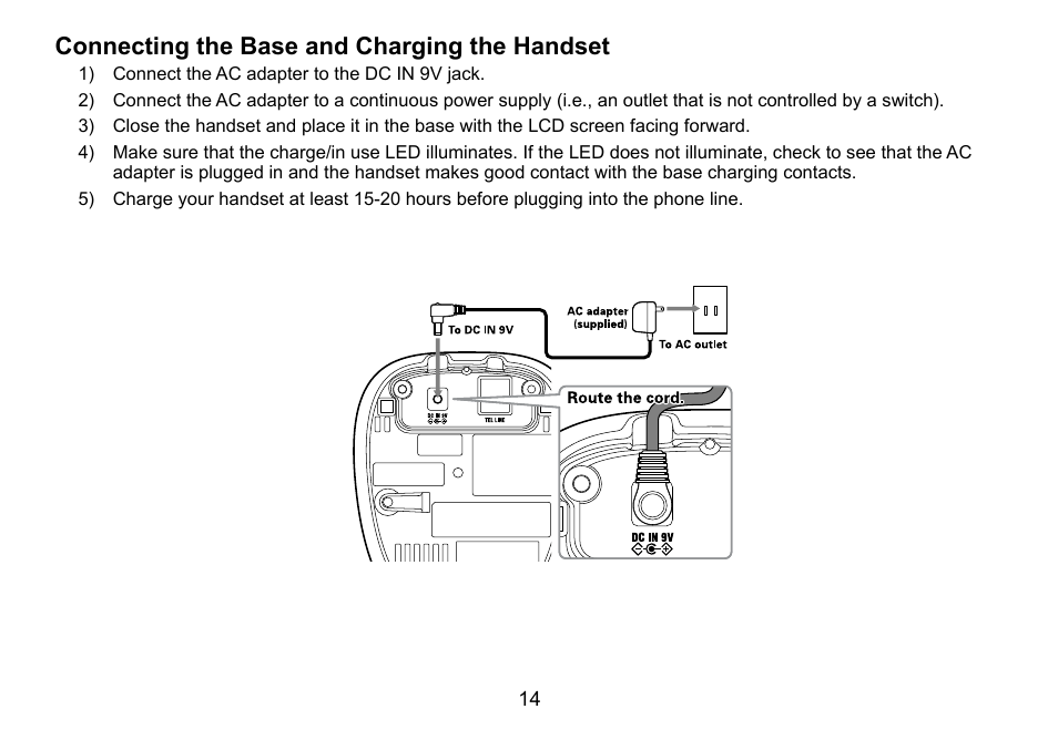 Connecting.the.base.and.charging.the, Connecting.the.base.and.charging.the.handset | Uniden TRU9460 User Manual | Page 15 / 68