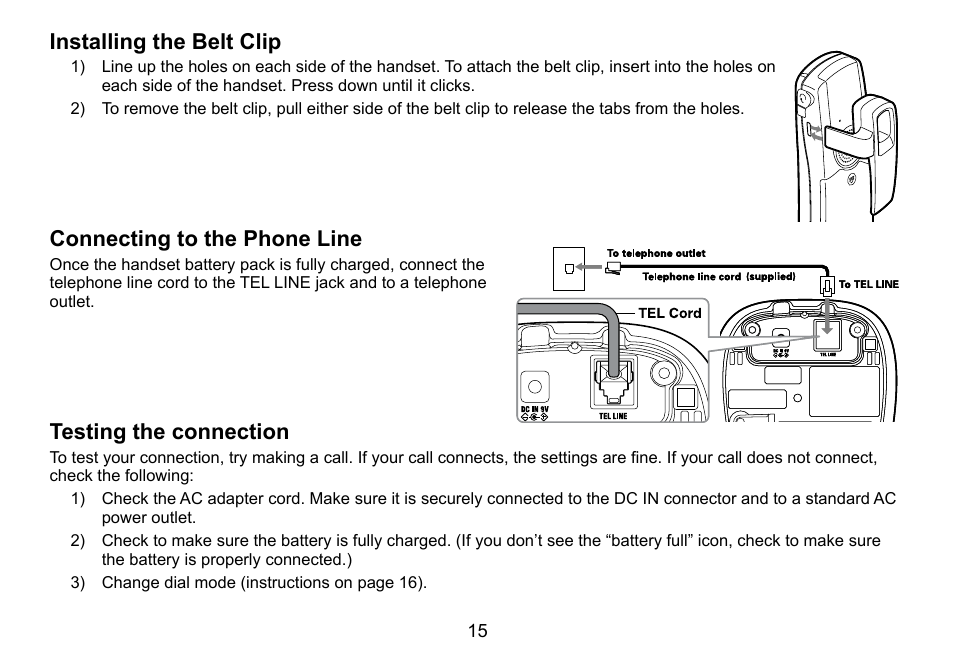 Installing.the.belt.clip, Connecting.to.the.phone.line, Testing.the.connection | Uniden TRU9460 User Manual | Page 16 / 68