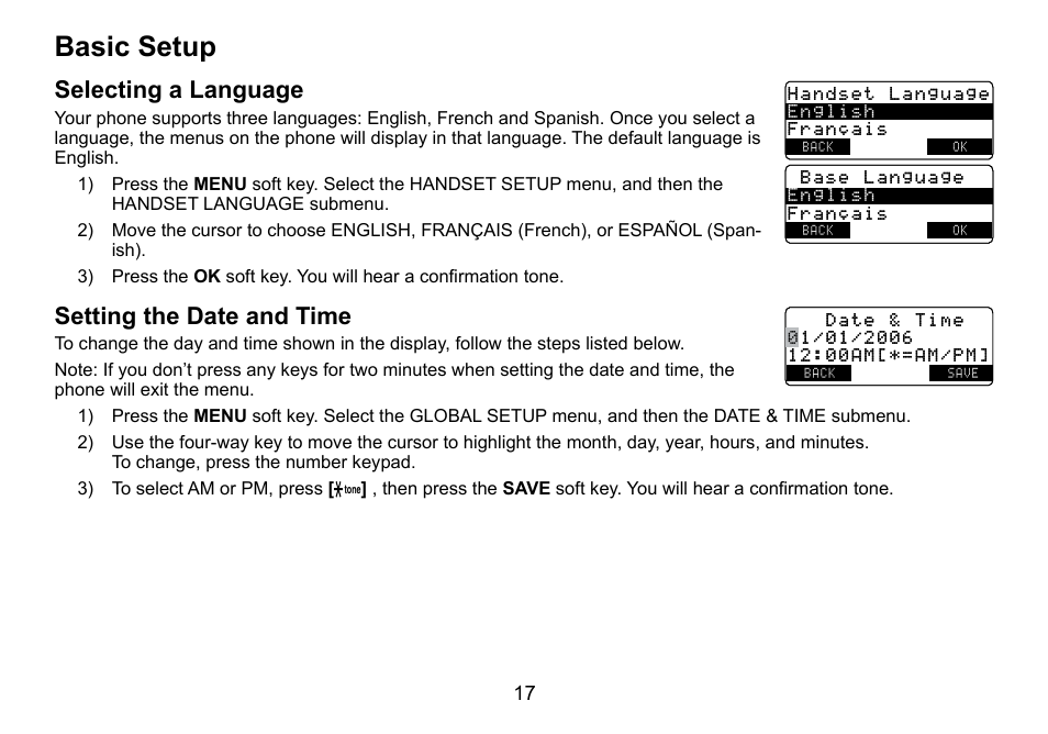 Basic.setup, Selecting.a.language, Setting.the.date.and.time | Uniden TRU9460 User Manual | Page 18 / 68