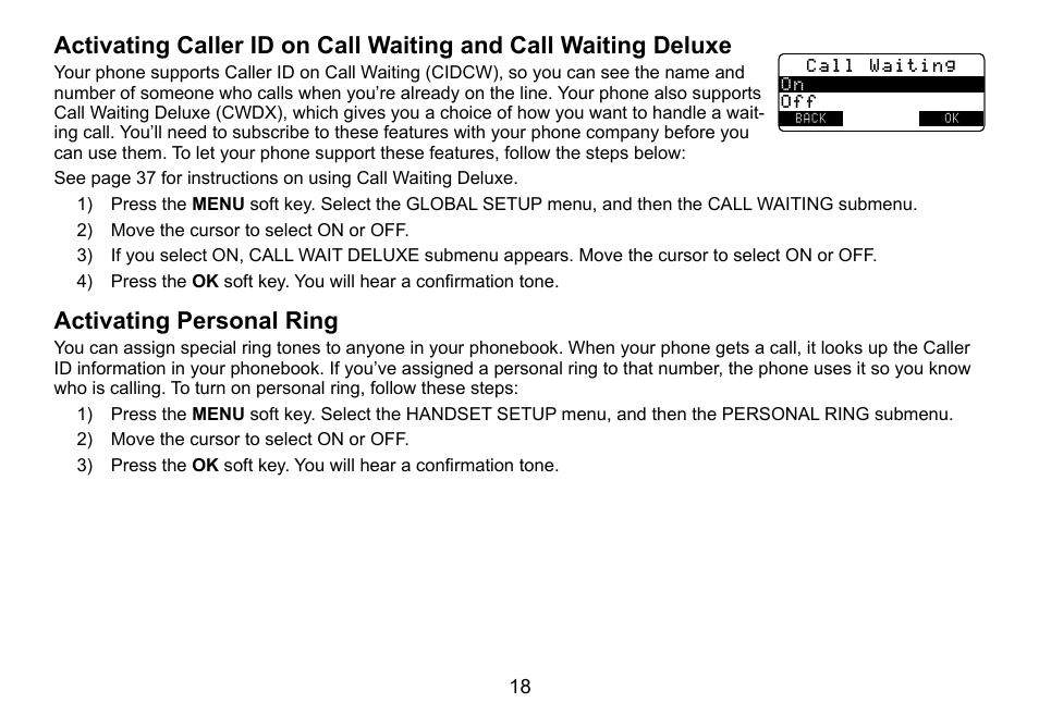 Activating.caller.id.on.call.waiting.and, Activating.personal.ring | Uniden TRU9460 User Manual | Page 19 / 68