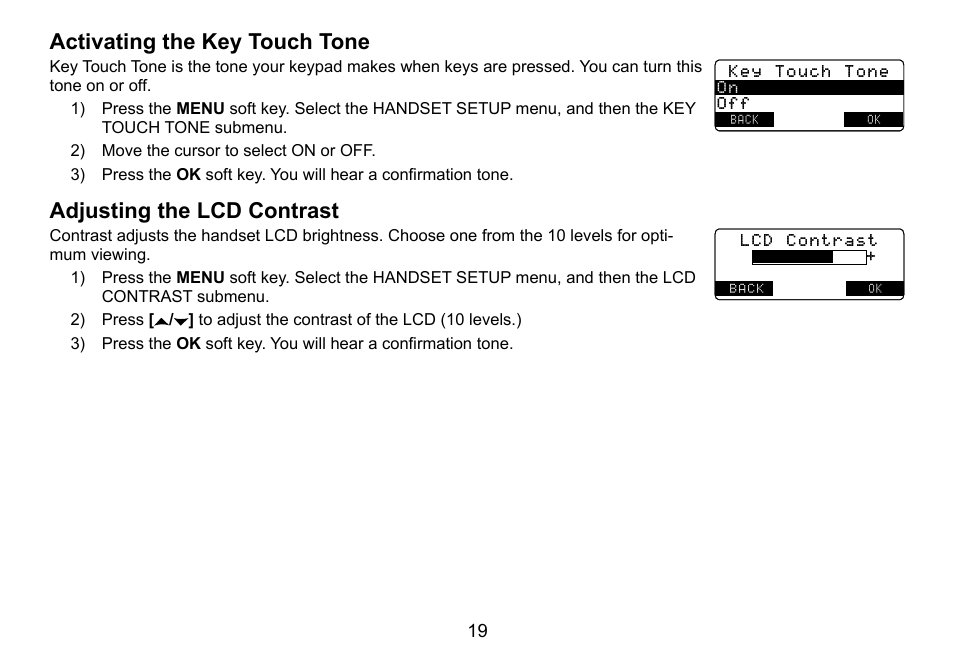 Activating.the.key.touch.tone, Adjusting.the.lcd.contrast | Uniden TRU9460 User Manual | Page 20 / 68