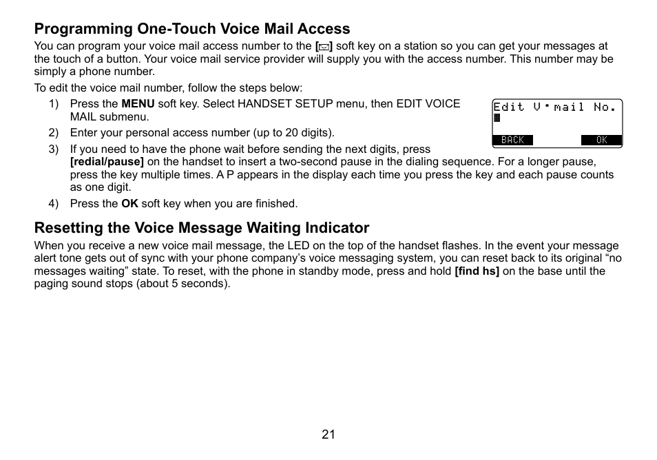 Programming.one-touch.voice.mail.access, Resetting.the.voice.message.waiting.indicator | Uniden TRU9460 User Manual | Page 22 / 68