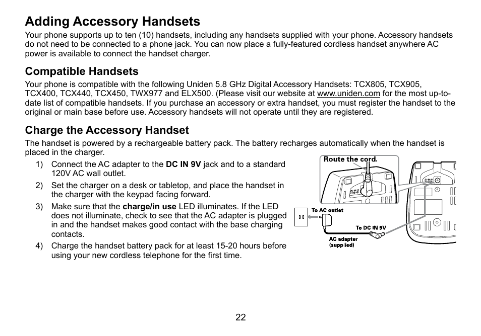 Adding.accessory.handsets, Compatible.handsets charge.the.accessory.handset, Compatible.handsets | Charge.the.accessory.handset | Uniden TRU9460 User Manual | Page 23 / 68