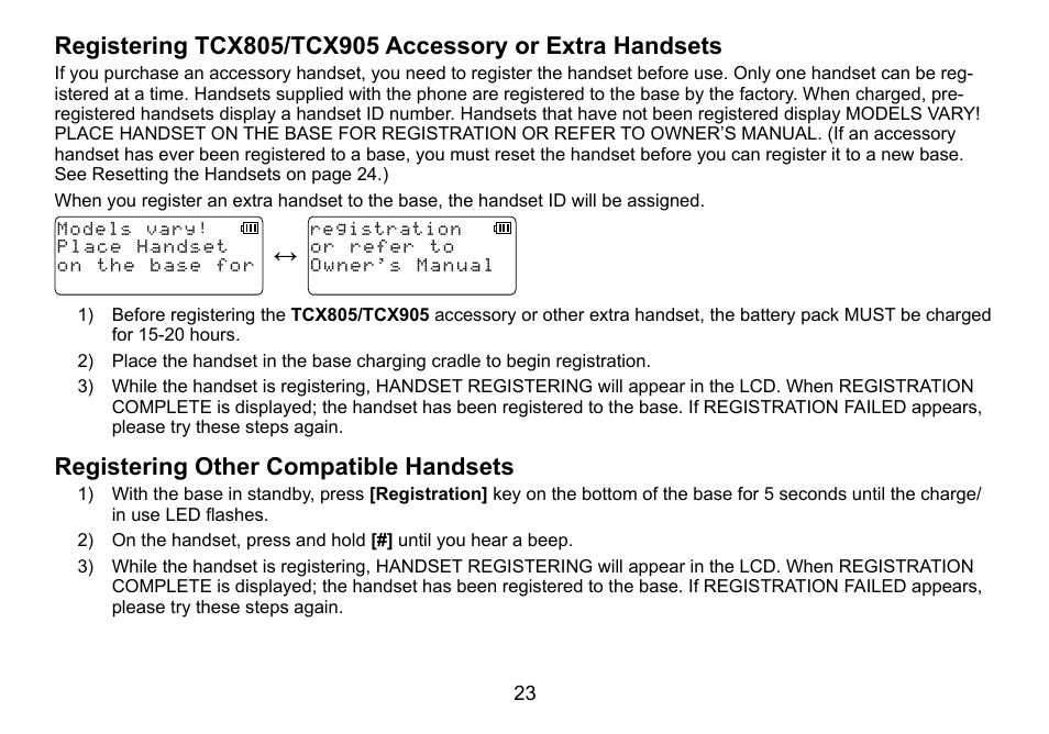 Registering.tcx805/tcx905.accessory.or | Uniden TRU9460 User Manual | Page 24 / 68