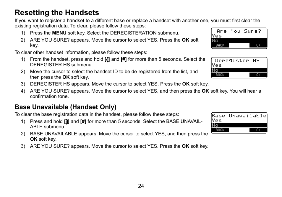 Resetting.the.handsets, Base.unavailable.(handset.only) | Uniden TRU9460 User Manual | Page 25 / 68