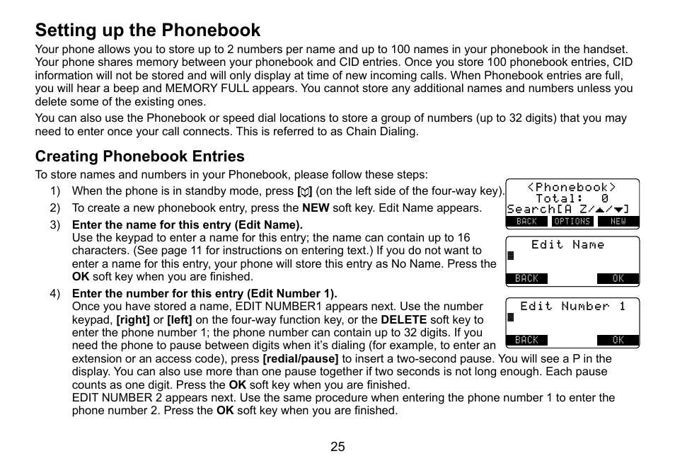 Setting.up.the.phonebook, Creating.phonebook.entries | Uniden TRU9460 User Manual | Page 26 / 68