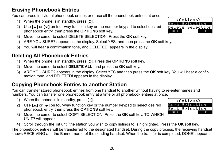 Copying.phonebook.entries.to.another.station, Erasing.phonebook.entries, Deleting.all.phonebook.entries | Uniden TRU9460 User Manual | Page 29 / 68