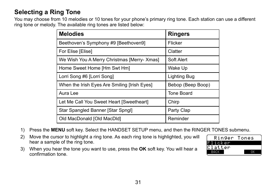 Selecting.a.ring.tone, Melodies ringers | Uniden TRU9460 User Manual | Page 32 / 68