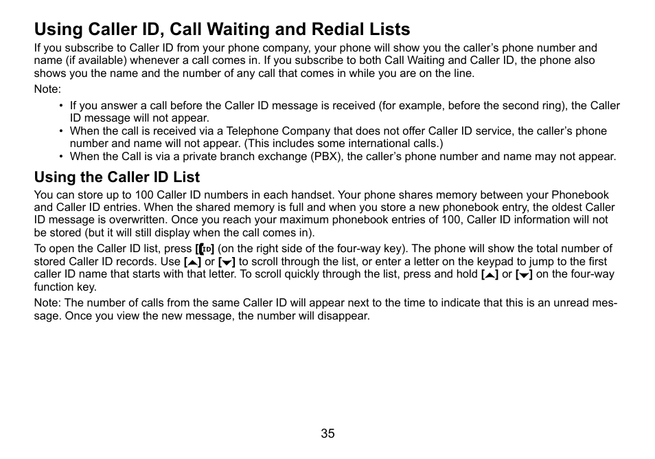 Using.caller.id,.call.waiting.and.redial.lists, Using.the.caller.id.list | Uniden TRU9460 User Manual | Page 36 / 68