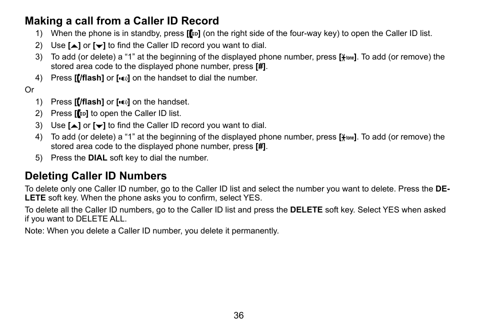 Making.a.call.from.a.caller.id.record, Deleting.caller.id.numbers | Uniden TRU9460 User Manual | Page 37 / 68