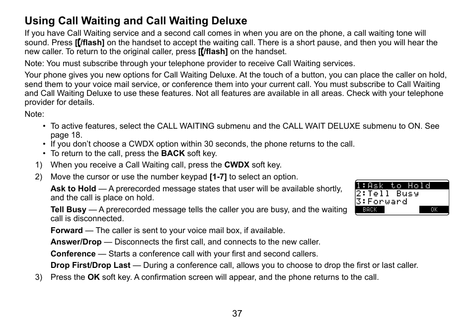 Using.call.waiting.and.call.waiting.deluxe | Uniden TRU9460 User Manual | Page 38 / 68