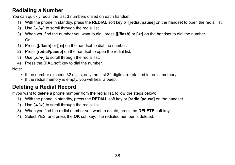 Redialing.a.number deleting.a.redial.record, Redialing.a.number, Deleting.a.redial.record | Uniden TRU9460 User Manual | Page 39 / 68