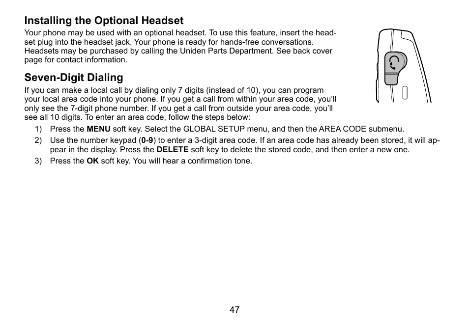 Installing.the.optional.headset, Seven-digit.dialing | Uniden TRU9460 User Manual | Page 48 / 68