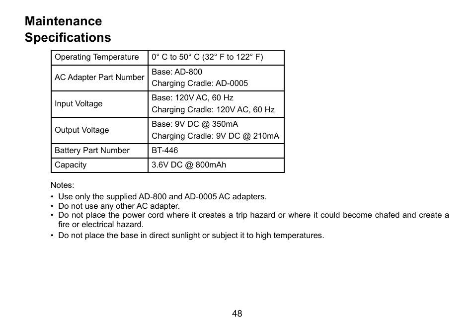 Maintenance specifications | Uniden TRU9460 User Manual | Page 49 / 68