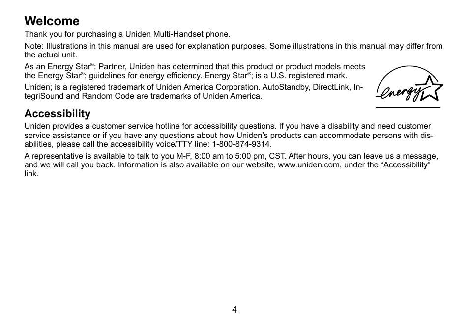 Welcome, Accessibility | Uniden TRU9460 User Manual | Page 5 / 68