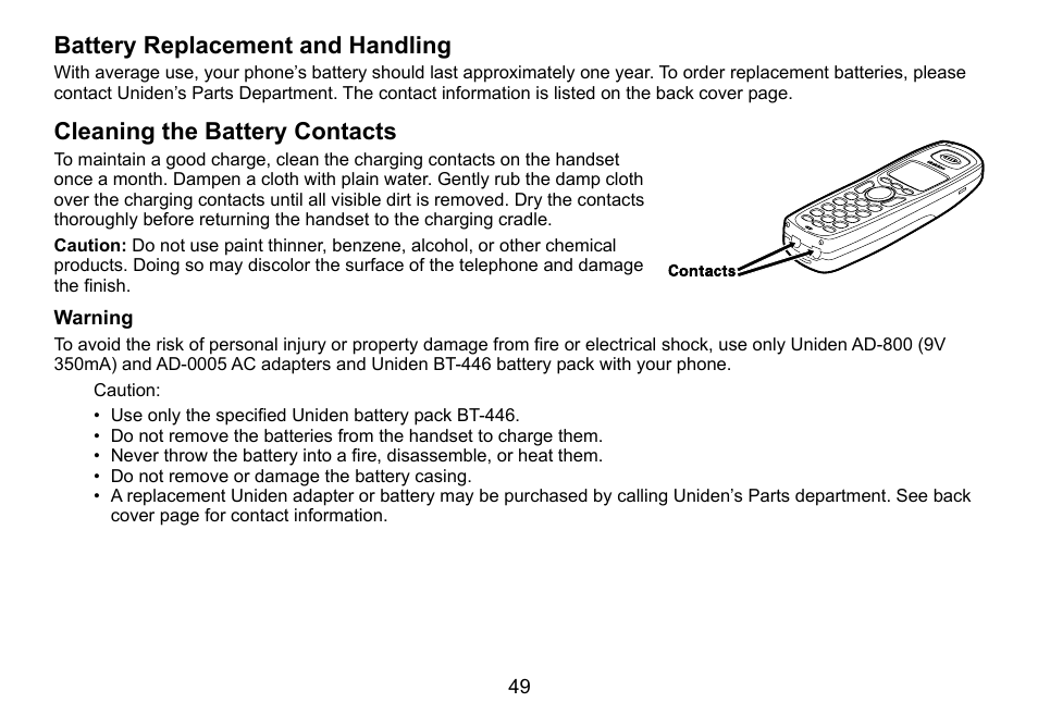 Battery.replacement.and.handling, Cleaning.the.battery.contacts | Uniden TRU9460 User Manual | Page 50 / 68