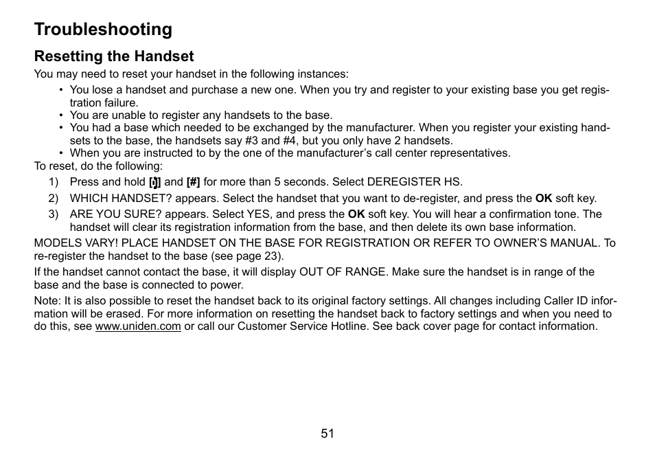 Troubleshooting, Resetting.the.handset | Uniden TRU9460 User Manual | Page 52 / 68