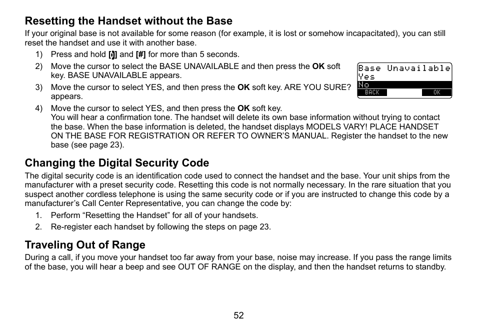 Resetting.the.handset.without.the.base, Changing.the.digital.security.code, Traveling.out.of.range | Uniden TRU9460 User Manual | Page 53 / 68