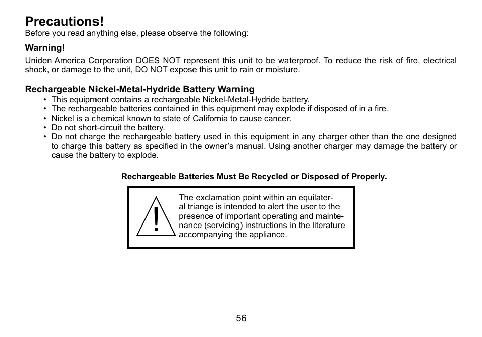 Precautions, Rechargeable.nickel-metal-hydride.battery, Warning | Uniden TRU9460 User Manual | Page 57 / 68