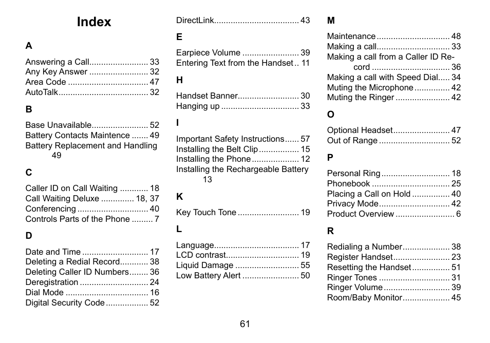 Index | Uniden TRU9460 User Manual | Page 62 / 68