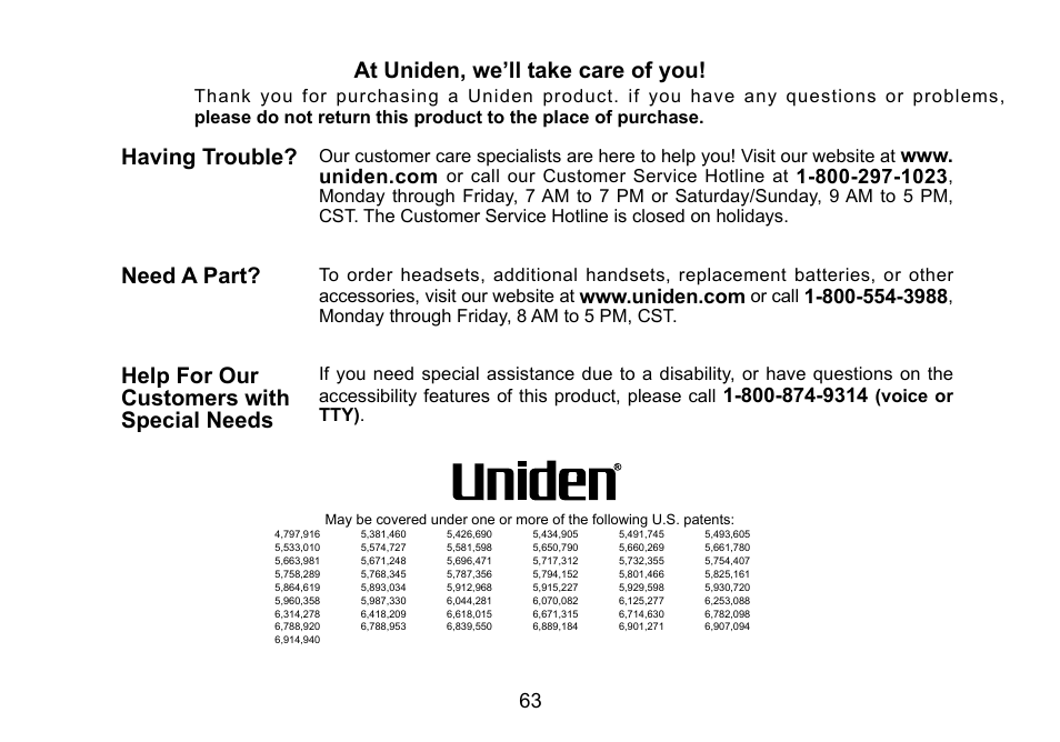 At.uniden,.we’ll.take.care.of.you, Having.trouble, Need.a.part | Help.for.our. customers.with. special.needs, Or.call.our.customer.service.hotline.at, Or.call, Monday.through.friday,.8.am.to.5.pm,.cst, Voice.or. tty) | Uniden TRU9460 User Manual | Page 64 / 68