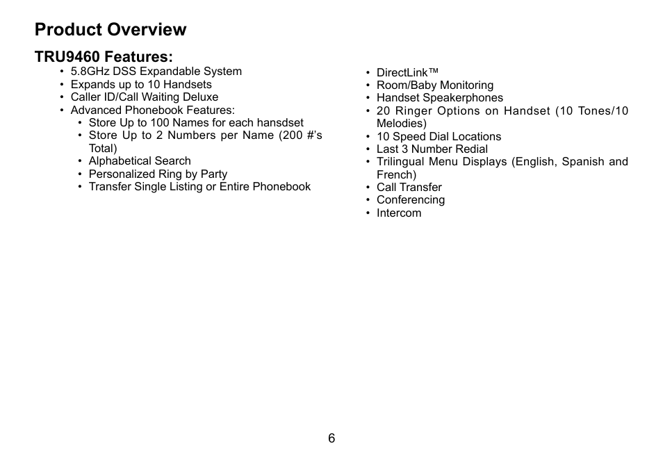 Product.overview, Tru9460.features | Uniden TRU9460 User Manual | Page 7 / 68