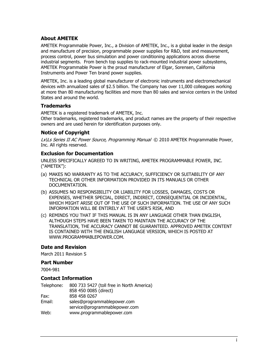 AMETEK Lx Series II Programming Manual User Manual | Page 5 / 242