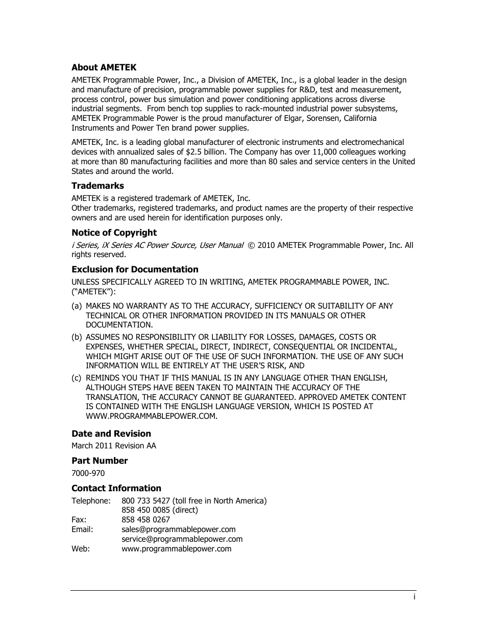 AMETEK i Series User Manual | Page 5 / 341