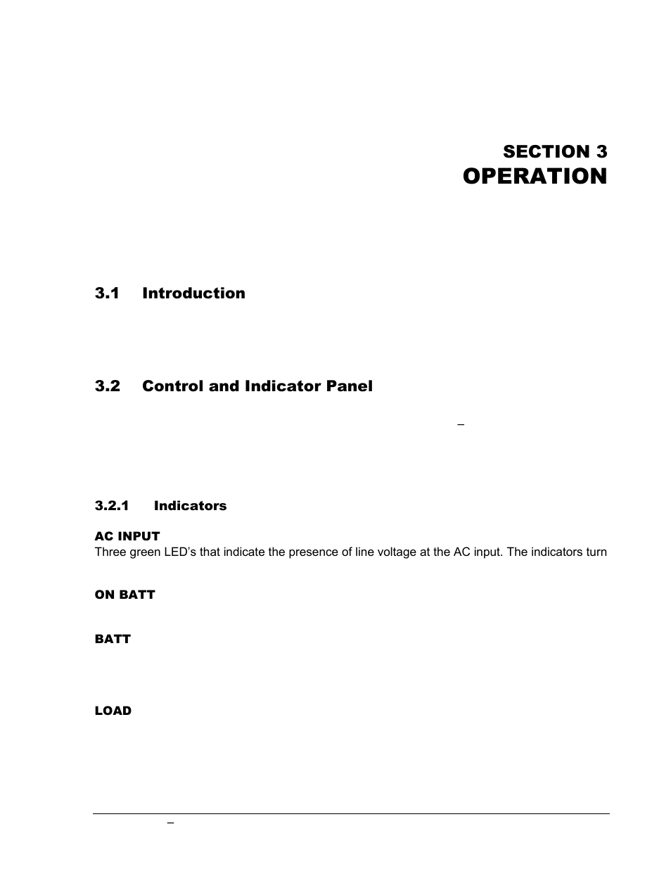 Section 3 operation -1, Introduction -1, Control and indicator panel -1 | Indicators -1, Operation | AMETEK GUPS 2400A-107 User Manual | Page 19 / 36