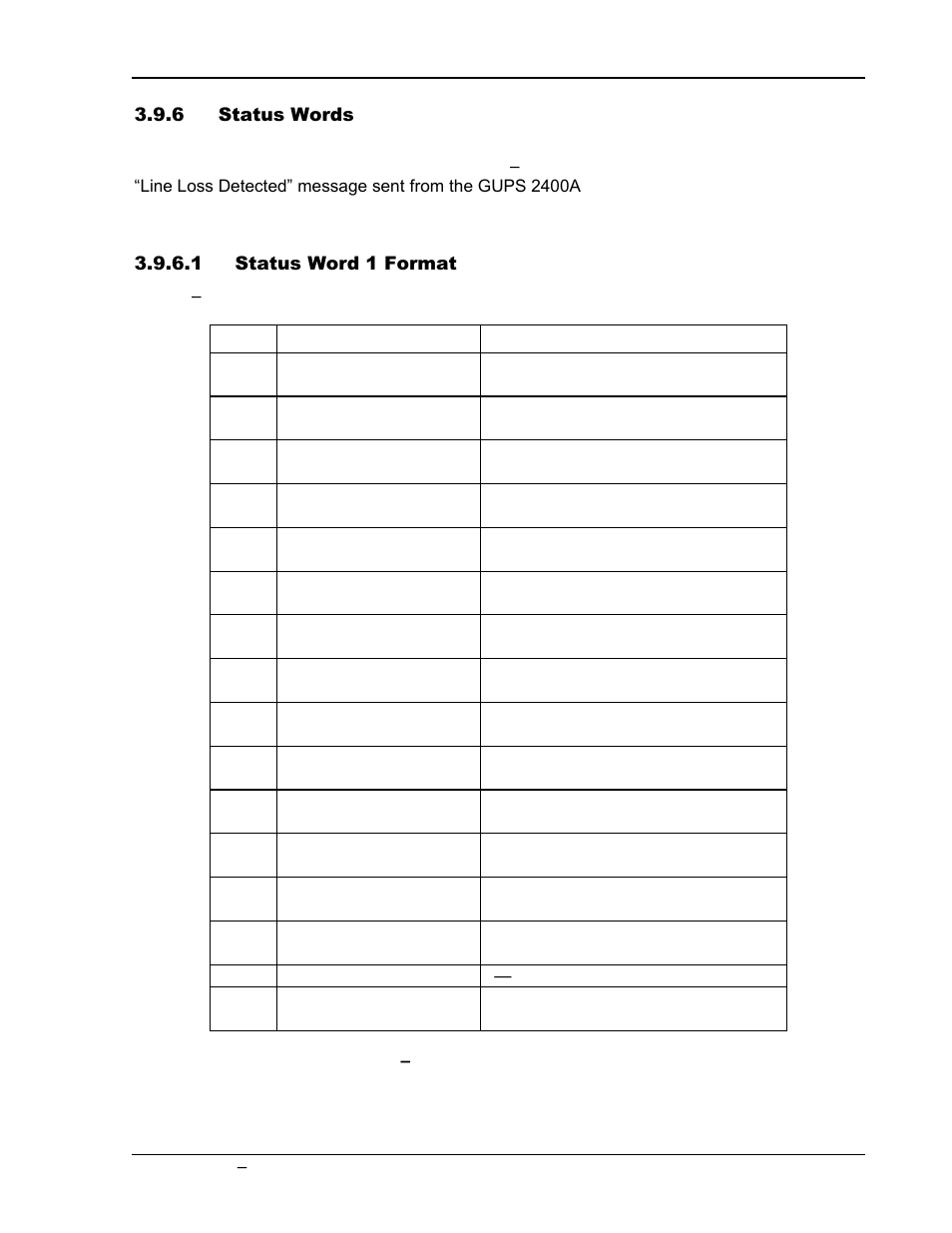 Status words -11, Table 3, Status word 1 data format -11 | AMETEK GUPS 2400A-107 User Manual | Page 29 / 36