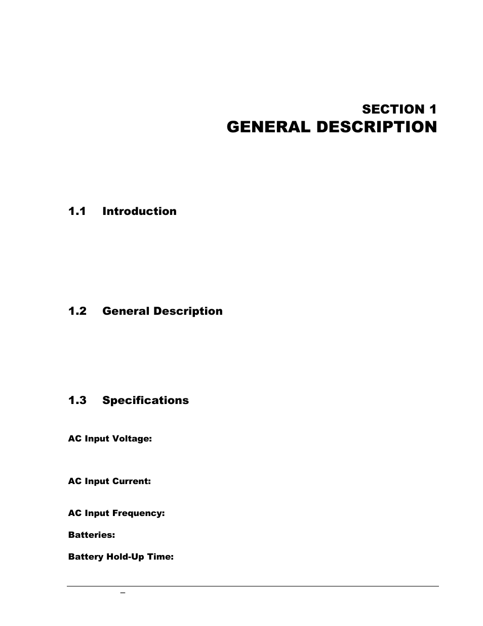 Section 1 general description -1, Introduction -1, General description -1 | Specifications -1, General description | AMETEK GUPS 2400A-107 User Manual | Page 9 / 36