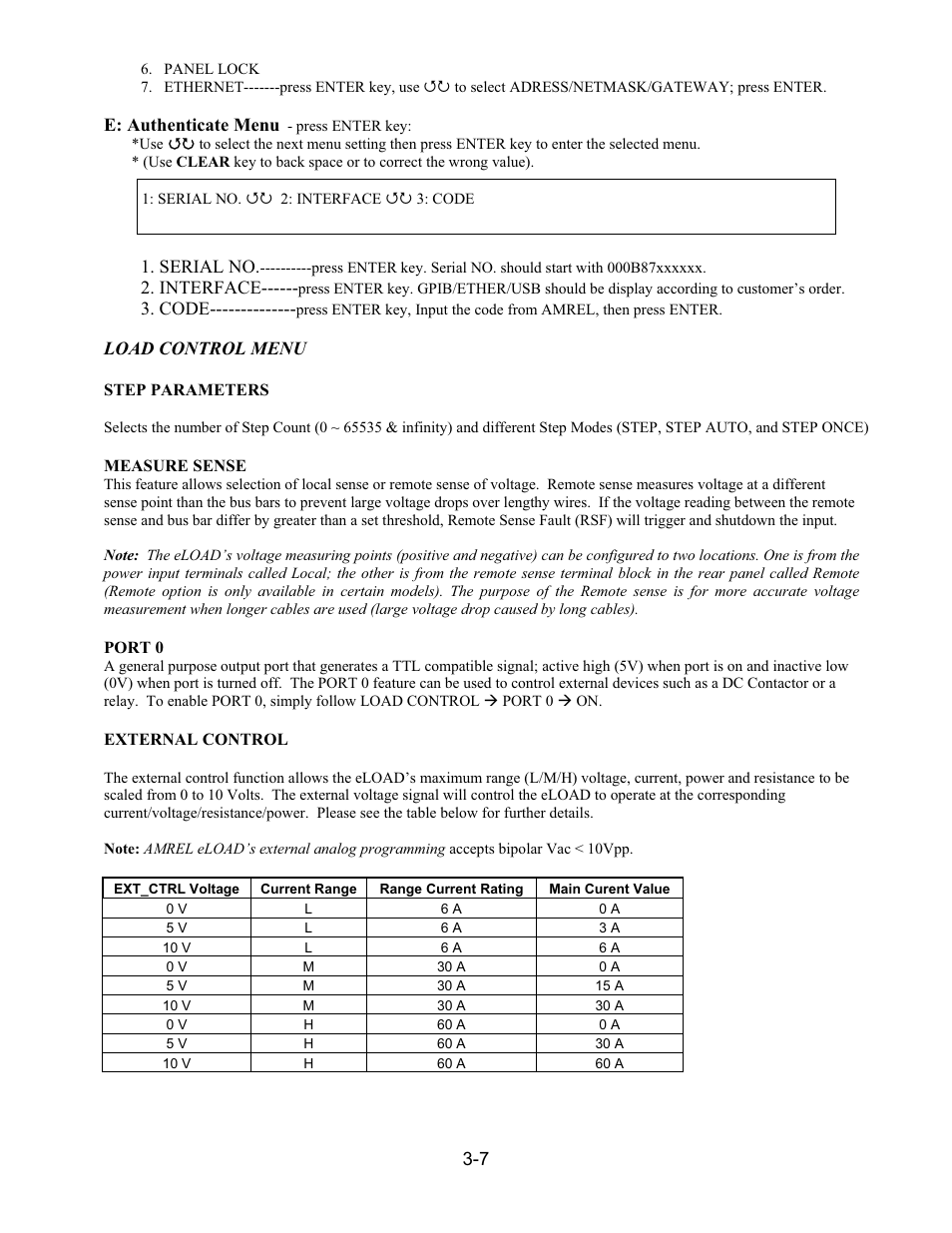 E: authenticate menu, Serial no, Interface | Code, Load control menu | AMETEK PLA-PLW User Manual | Page 61 / 128