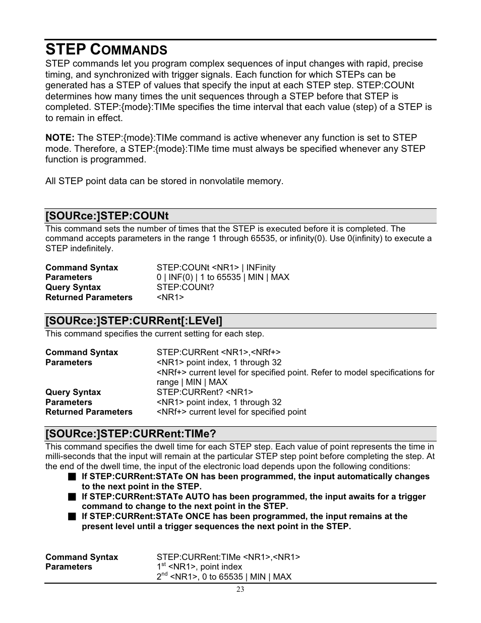 Step c, Ommands, Source:]step:count | Source:]step:current[:level, Source:]step:current:time | AMETEK PLA-PLW Programming Manual User Manual | Page 25 / 74