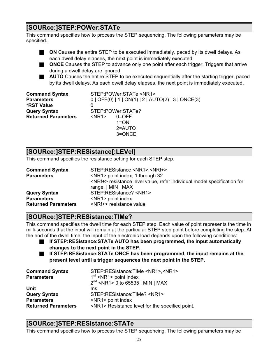 Source:]step:power:state, Source:]step:resistance[:level, Source:]step:resistance:time | Source:]step:resistance:state | AMETEK PLA-PLW Programming Manual User Manual | Page 27 / 74