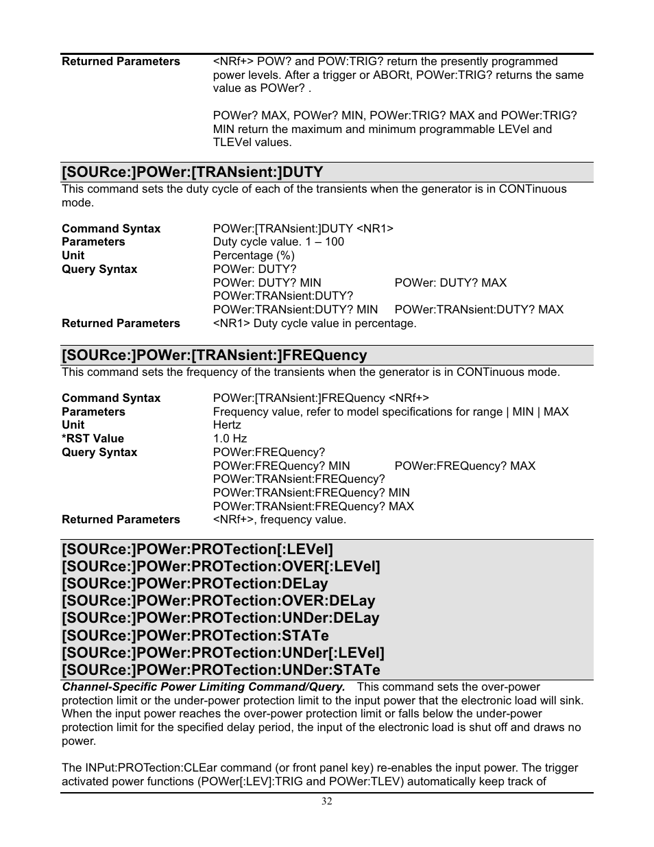 Source:]power:[transient:]duty, Source:]power:[transient:]frequency | AMETEK PLA-PLW Programming Manual User Manual | Page 34 / 74