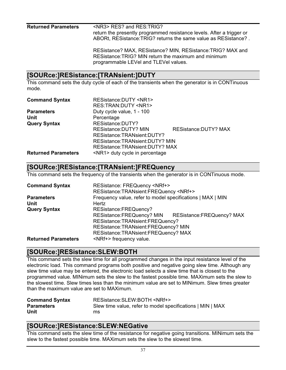 Source:]resistance:[transient:]duty, Source:]resistance:[transient:]frequency, Source:]resistance:slew:both | Source:]resistance:slew:negative | AMETEK PLA-PLW Programming Manual User Manual | Page 39 / 74