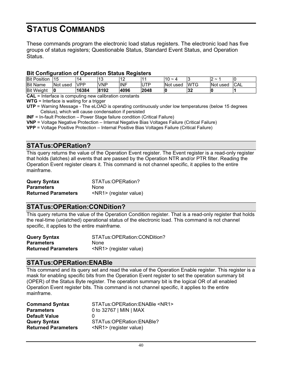 Tatus, Ommands, Status:operation | Status:operation:condition, Status:operation:enable | AMETEK PLA-PLW Programming Manual User Manual | Page 42 / 74